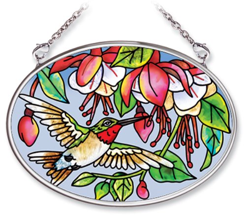 Amia 5670 Small Oval Suncatcher Hummingbird And Fuchsia Design 4-14-inch W By 3-14-inch L Hand-painted Glass