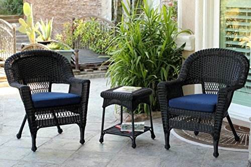 3-Piece Black Resin Wicker Patio Chairs and End Table Furniture Set - Blue Cushions