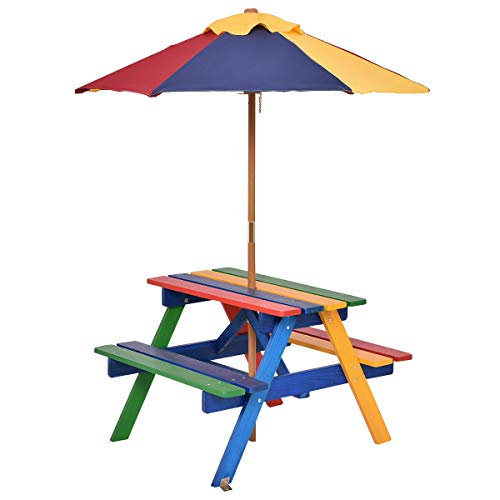 Blue Bright 4 Seat Kids Picnic Table Set with Umbrella Garden Yard Folding Children Bench Outdoor Indoor Fir Wood Multi Color
