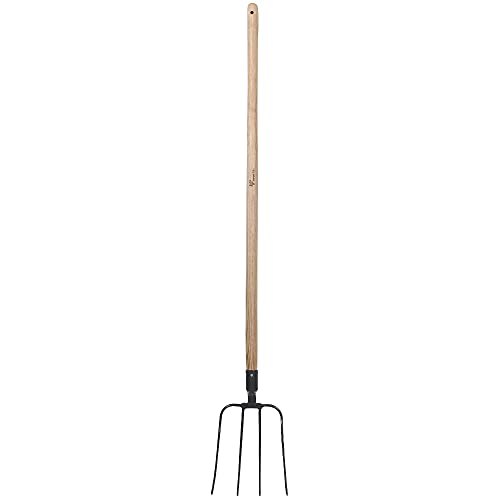 Worth Garden 4Tine Manure Fork 63 Inch Hay Pitchfork with Long White Ash Wood Handle Carbon Steel Head Bedding Pitch Fork